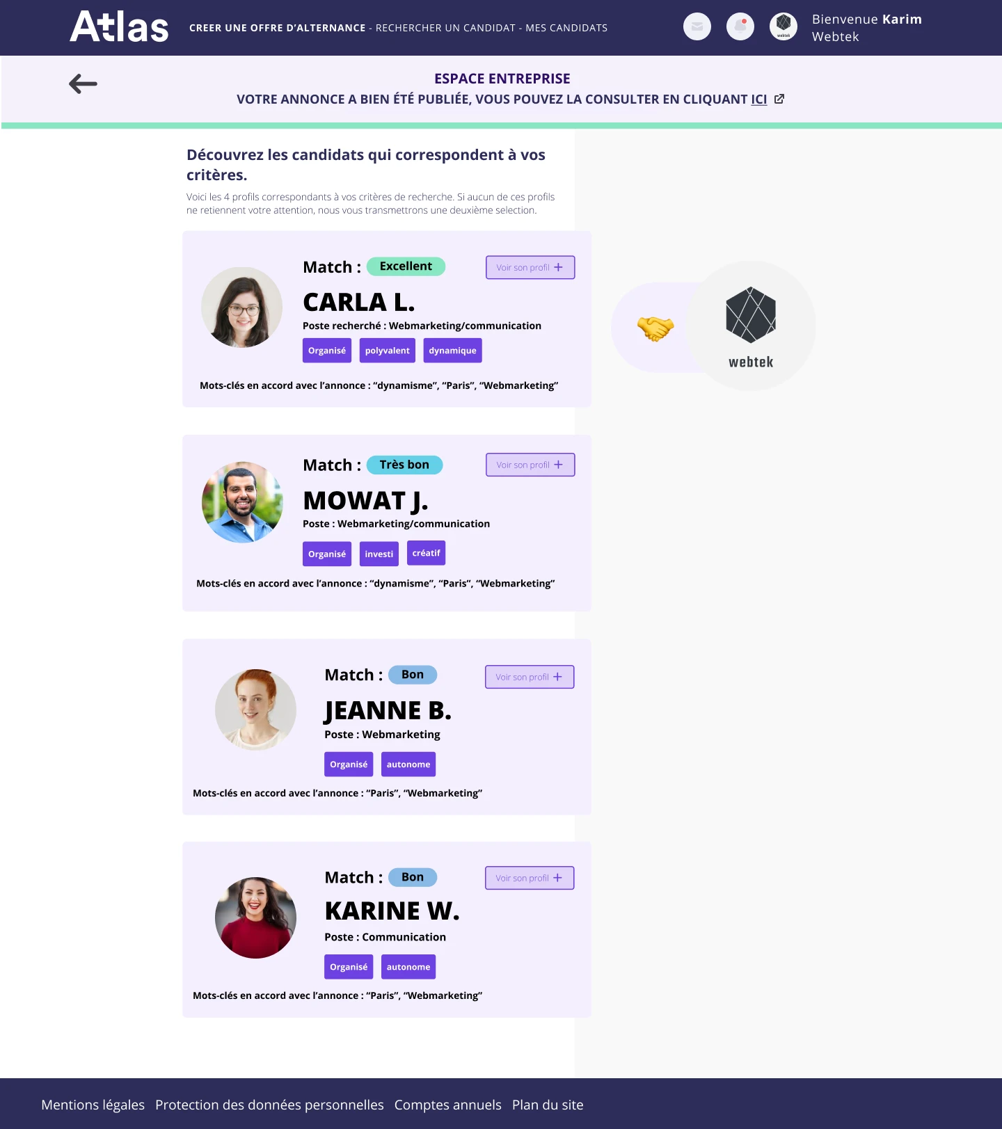 AtlaSkills — liste des profils candidats matchés