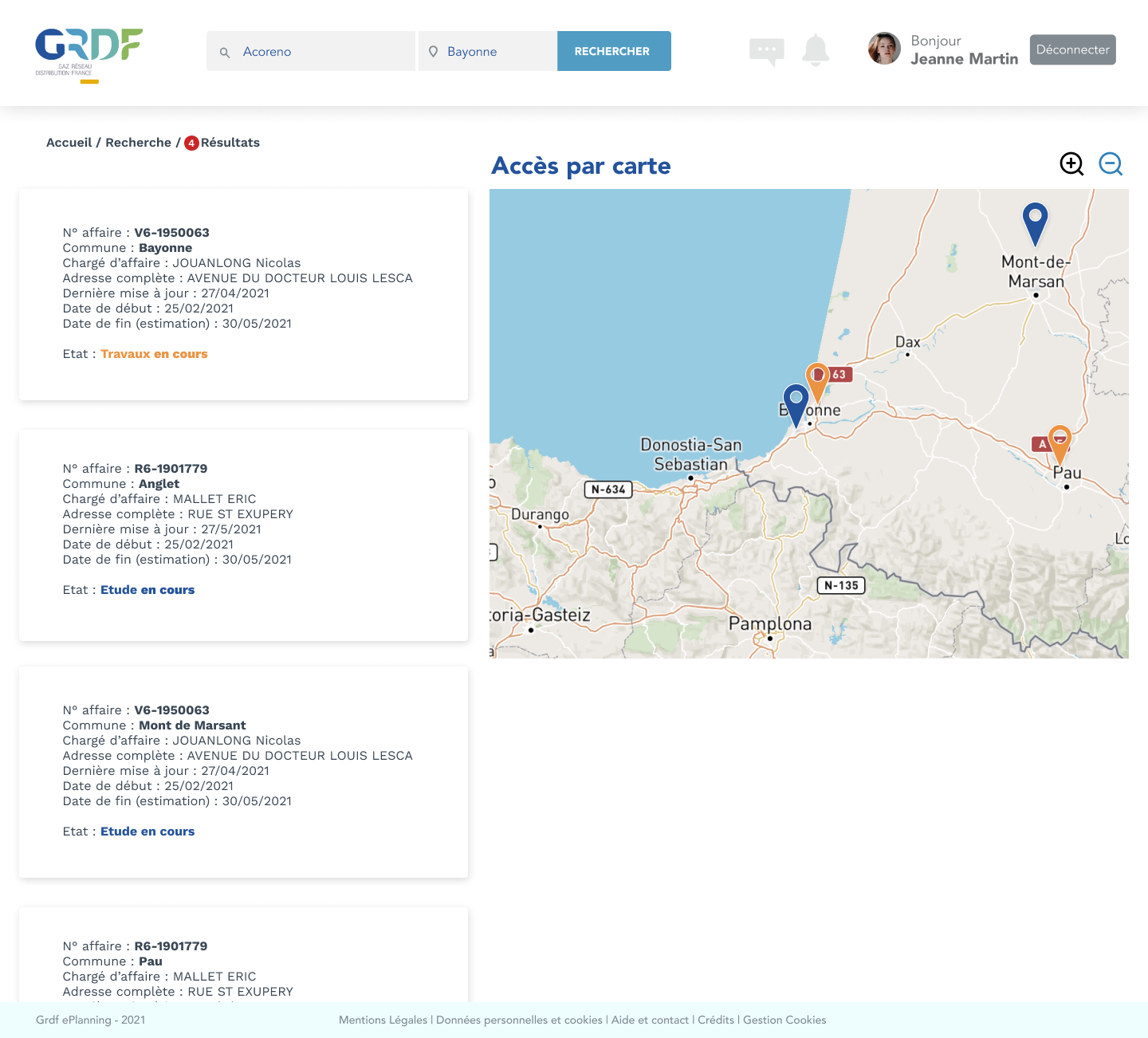 GRDF ePlanning — résultats de recherche et carte